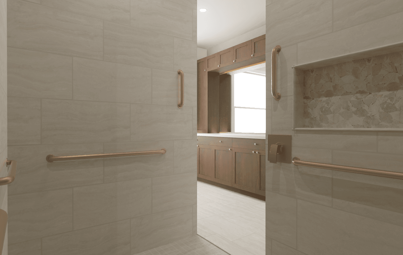 Spacious walk-in shower with neutral tile walls, brass grab bars, and open layout connecting to bathroom with wooden vanity and large mirror