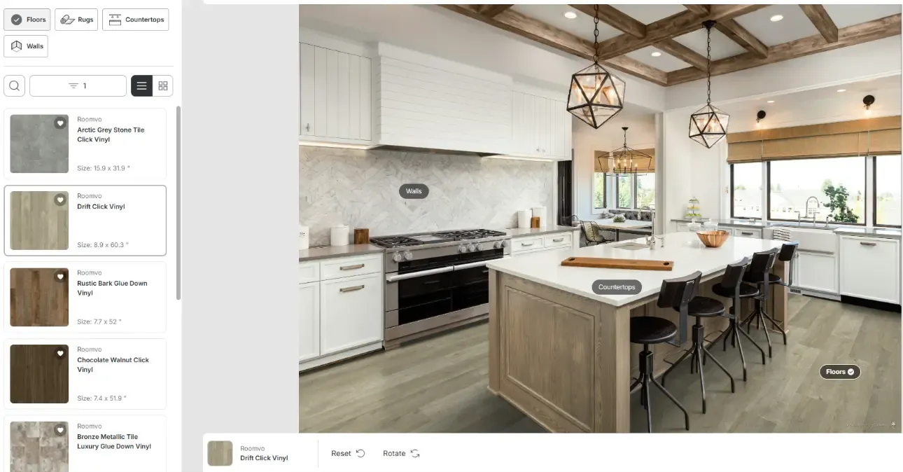Modern kitchen with white cabinetry, marble backsplash, wood beam ceiling, island with seating, stainless steel appliances, and geometric pendant lights