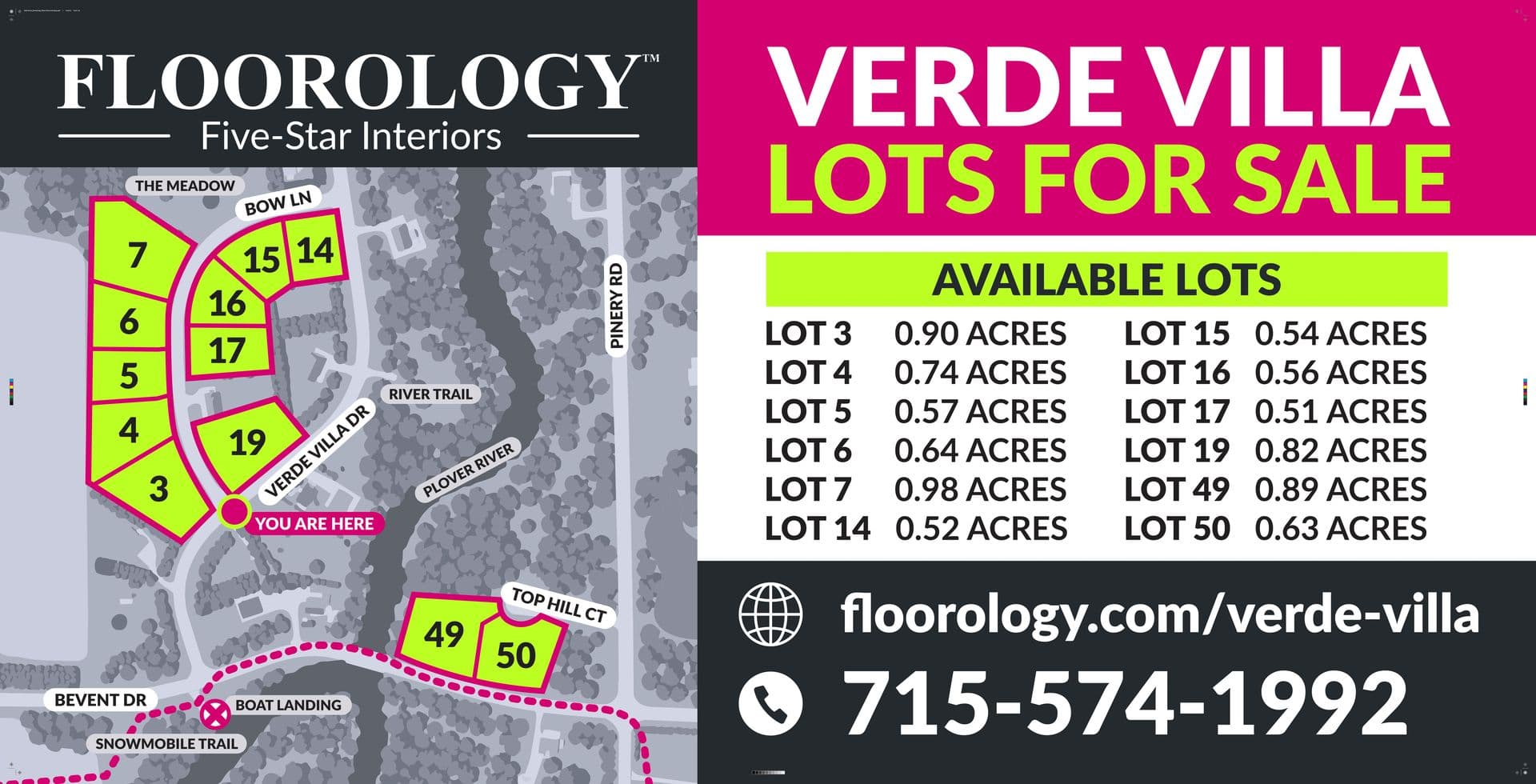 Floorology Five-Star Interiors Verde Villa lots for sale map and available properties listing with lot numbers, acreage, website and phone contact information